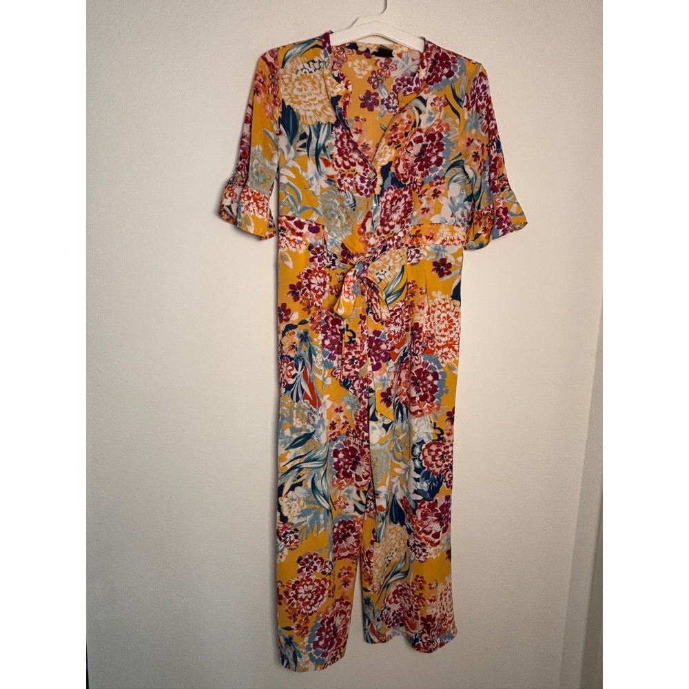 En‎ Focus Studio Floral Wide Leg Jumpsuit Yellow Multi Ruffle Sleeve Size 6